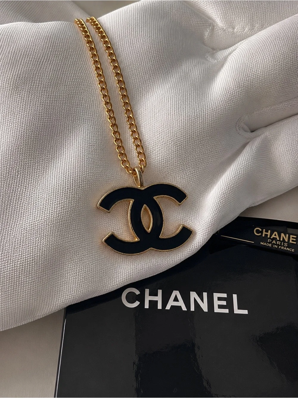 Vintage CHANEL 02A Black Enamel Gold CC Logo Pendant Necklace